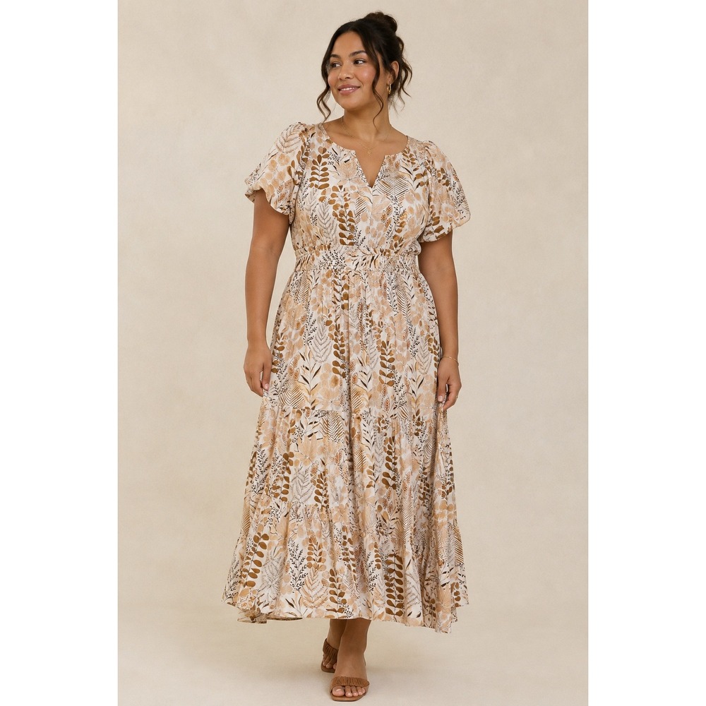 NWT Meadow Rhodes Floral Smocked Tiered Maxi Dress Puff Sleeve 1X Cottagecore